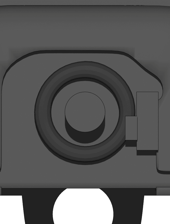 Close-up render of a Glock 19 slide breech face — the firing-pin hole, extractor, and breech recesses — the exact view the app's deep-clean guide walks you through